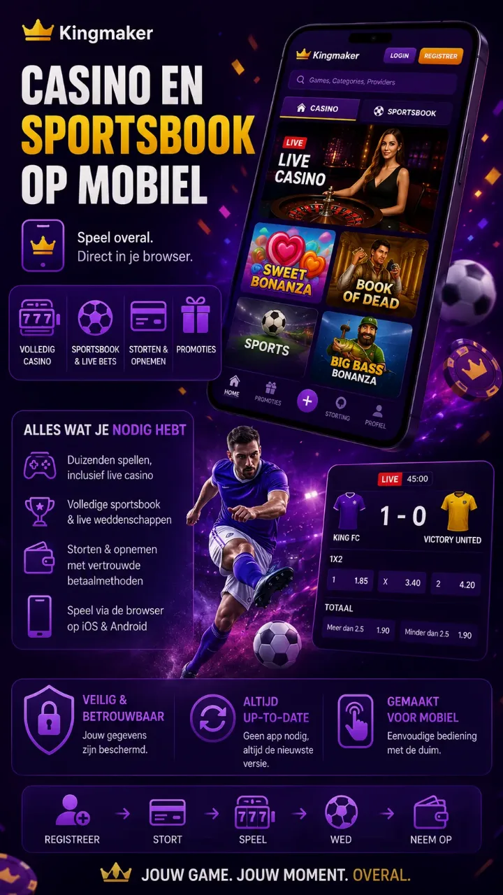Casino en sportsbook op mobiel bij Kingmaker Casino